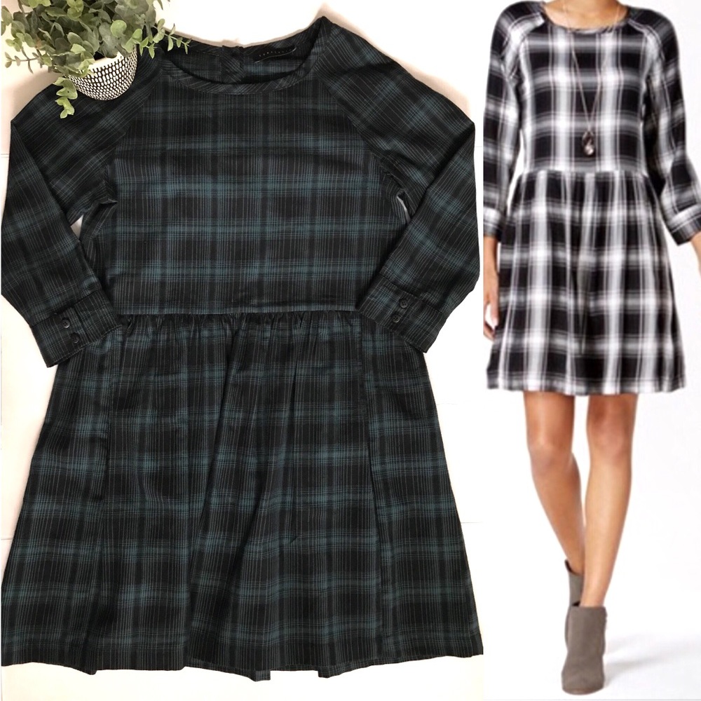Sanctuary Camille Fit Flare Plaid Dress M Black